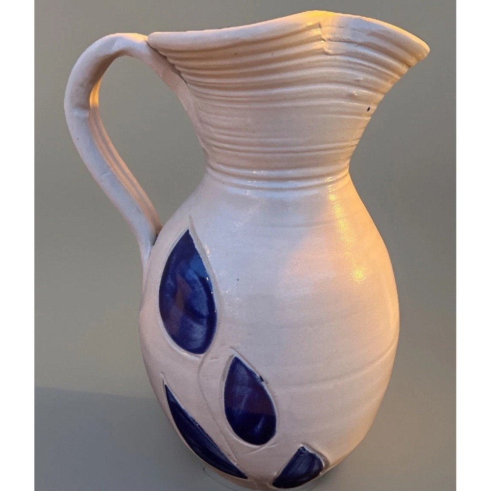 Williamsburg Pottery Pitcher Jug Vase Cobalt Blue Salt Glaze Floral 8.25" Pretty